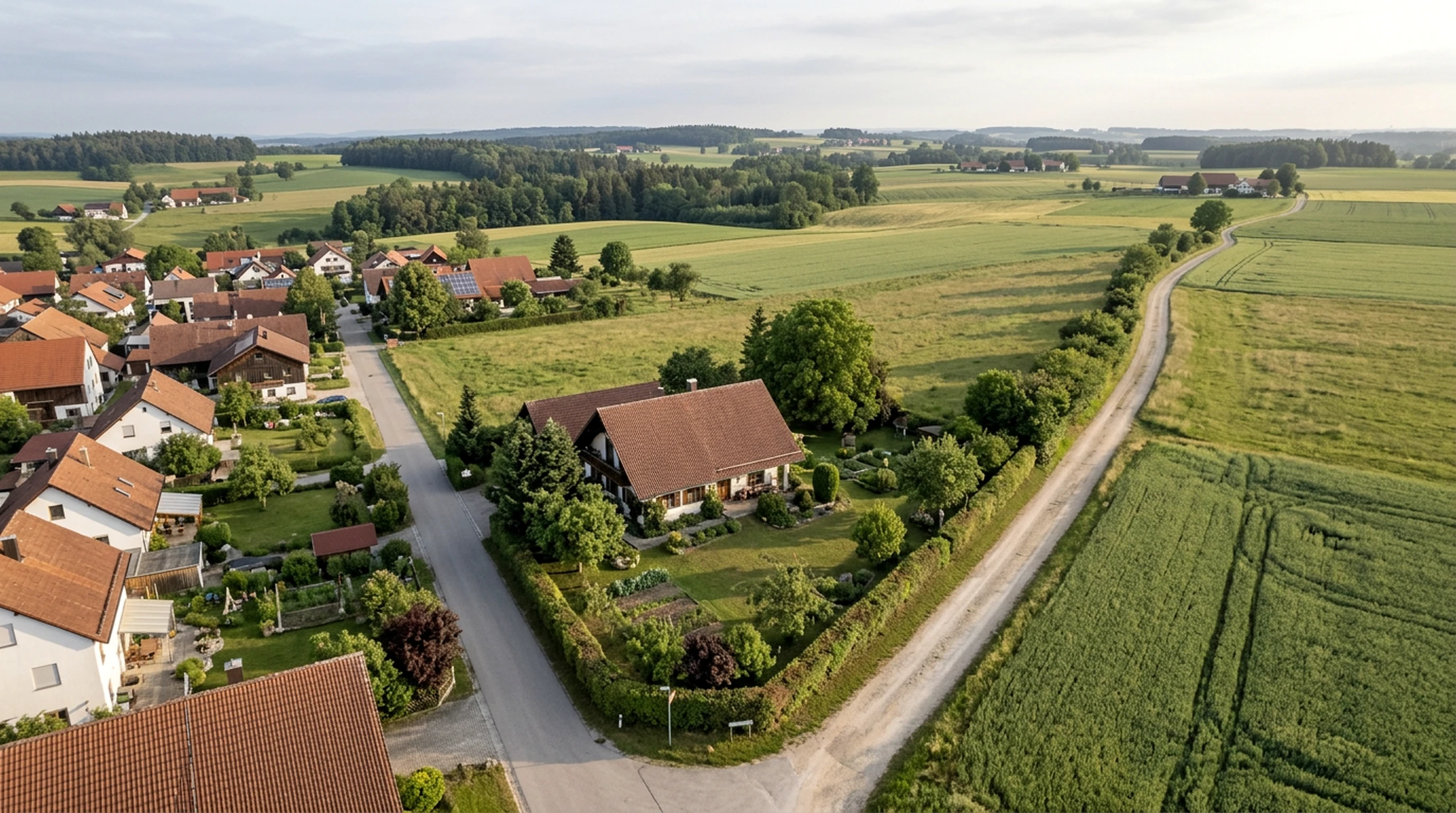 Luftaufnahme einer Wohnimmobilie im ländlichen Raum als Motiv für die Verkaufsbegleitung